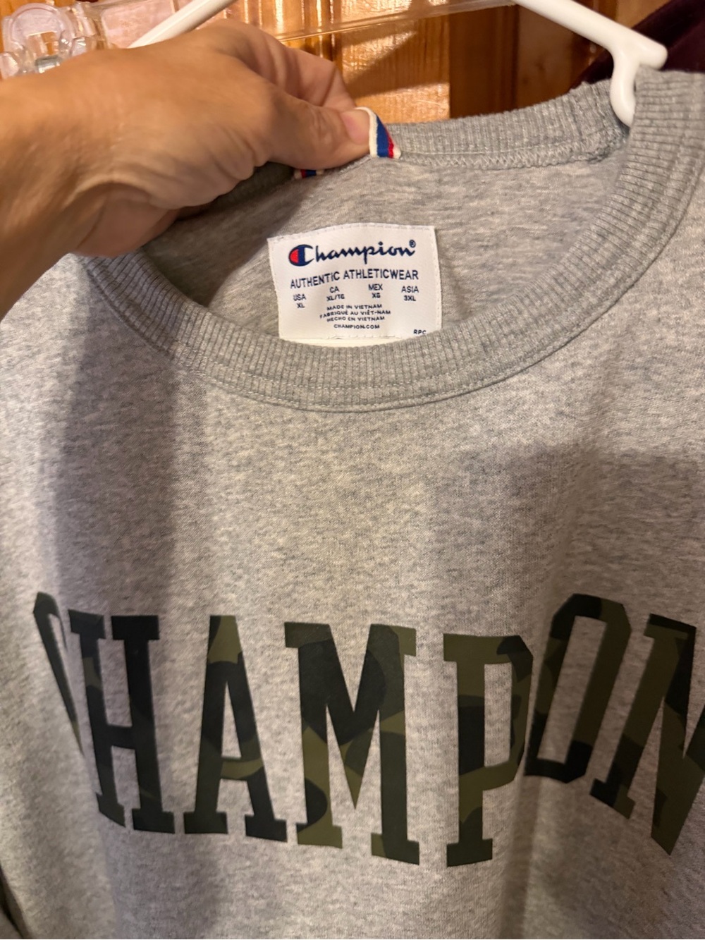 Champion Gray Sweatshirt with Green Camo Logo